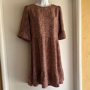 LOFT Brown A-line Midi Dress with Bishop Sleeves